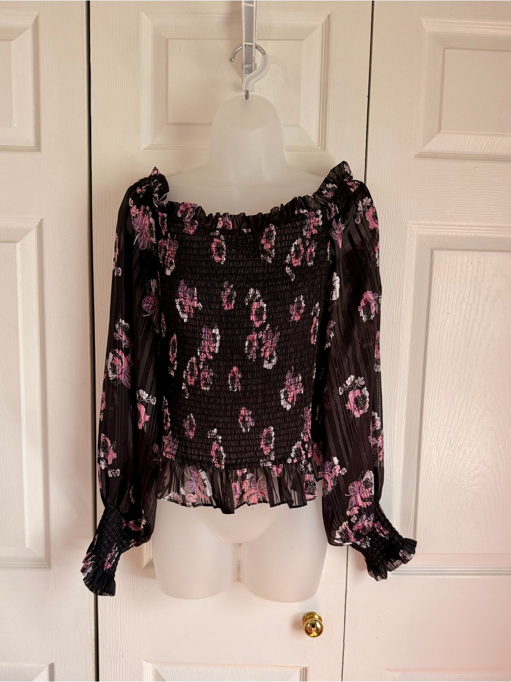 Wayf Black Floral Smocked Off-Shoulder Blouse with Pink Print